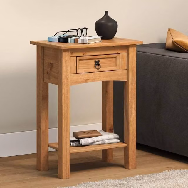 FORGEVIO Rustic Mexican Solid Wood Pine Console Table with 1 Drawer, Brown