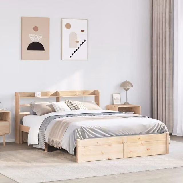 Berkfield Home Rustic Brown Solid Pine Bed Frame with Headboard and Side Compartments, W/D/H: 160 x 200 cm