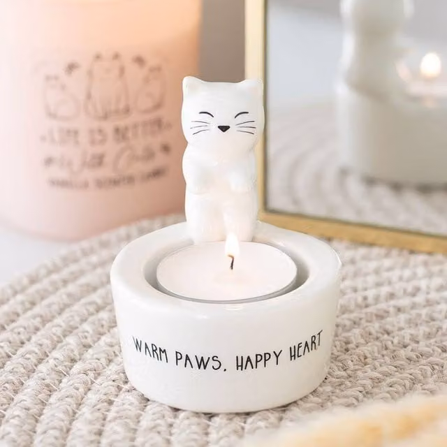 Uniqueful Warm Paws, Happy Heart Ceramic Tealight Holder in White