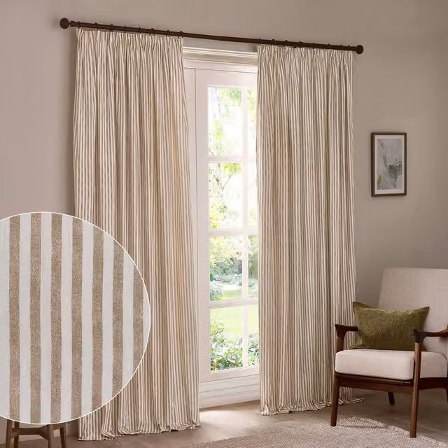 Yard Hebden Natural Striped 100% Cotton Blackout Pencil Pleat Curtain Pair, Thermal Insulating, Width: 168 cm, Drop: 183 cm