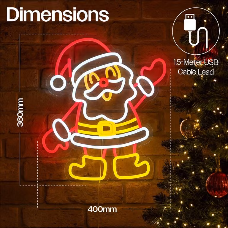 Xmas Haus Multicolour Santa Silhouette Neon LED Christmas Decoration, W: 36 cm, H: 40 cm