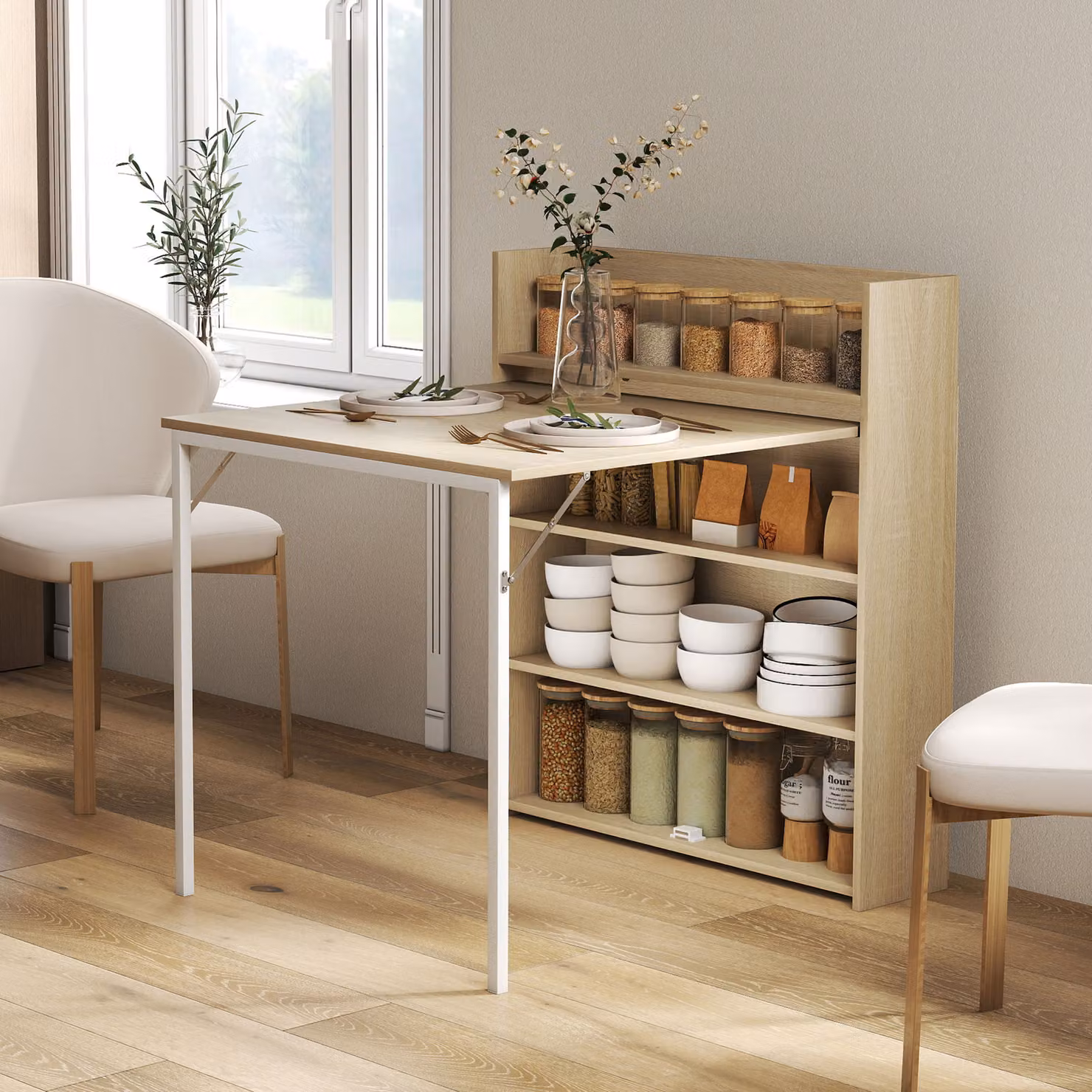 HOMCOM Modern Oak Wood Effect Folding Dining Table with 4-Tier Shelves and Butterfly Drop-Leaf Design – 2