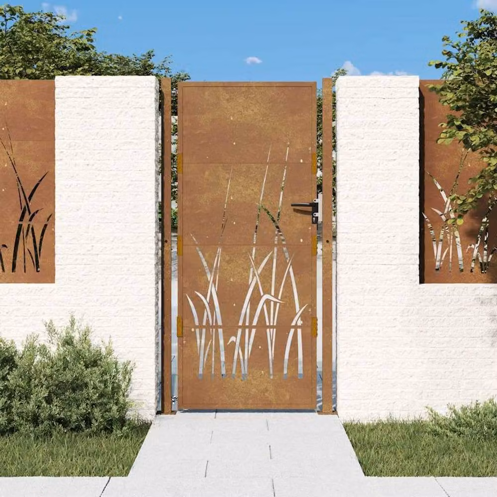 Berkfield Home Corten Steel Garden Gate with Grass Design in Brown, W: 105 cm, H: 180 cm – 2