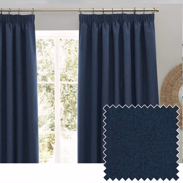 Furn Dawn Blackout Pencil Pleat Thermal Insulating Curtains, Dark Blue, Width: 229 cm, Drop: 229 cm