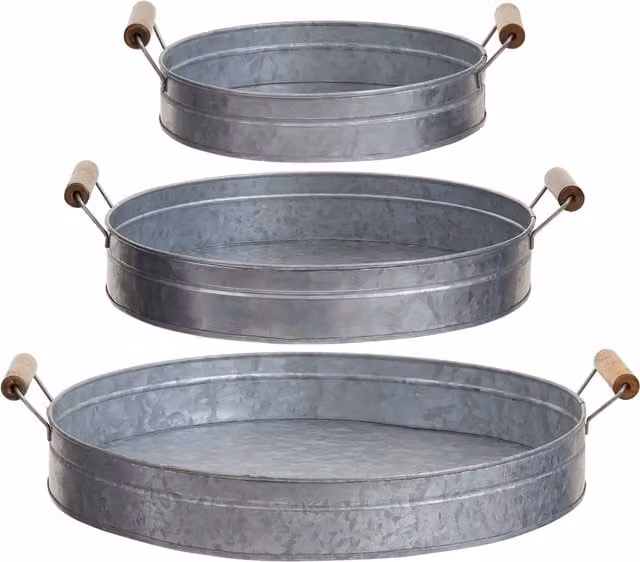 Orsina Set of 3 Round Galvanised Steel Serving Trays with Wooden Handles in Silver