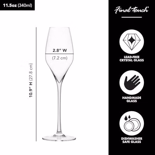 Final Touch Set of 2 Lead-free Crystal Champagne Flute Glasses, 340ml, Transparent – 3