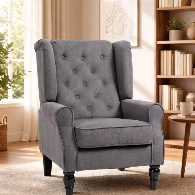 STILVORA Wingback Armchair with Solid Wood Frame and Grey Linen Fabric Upholstery – 1