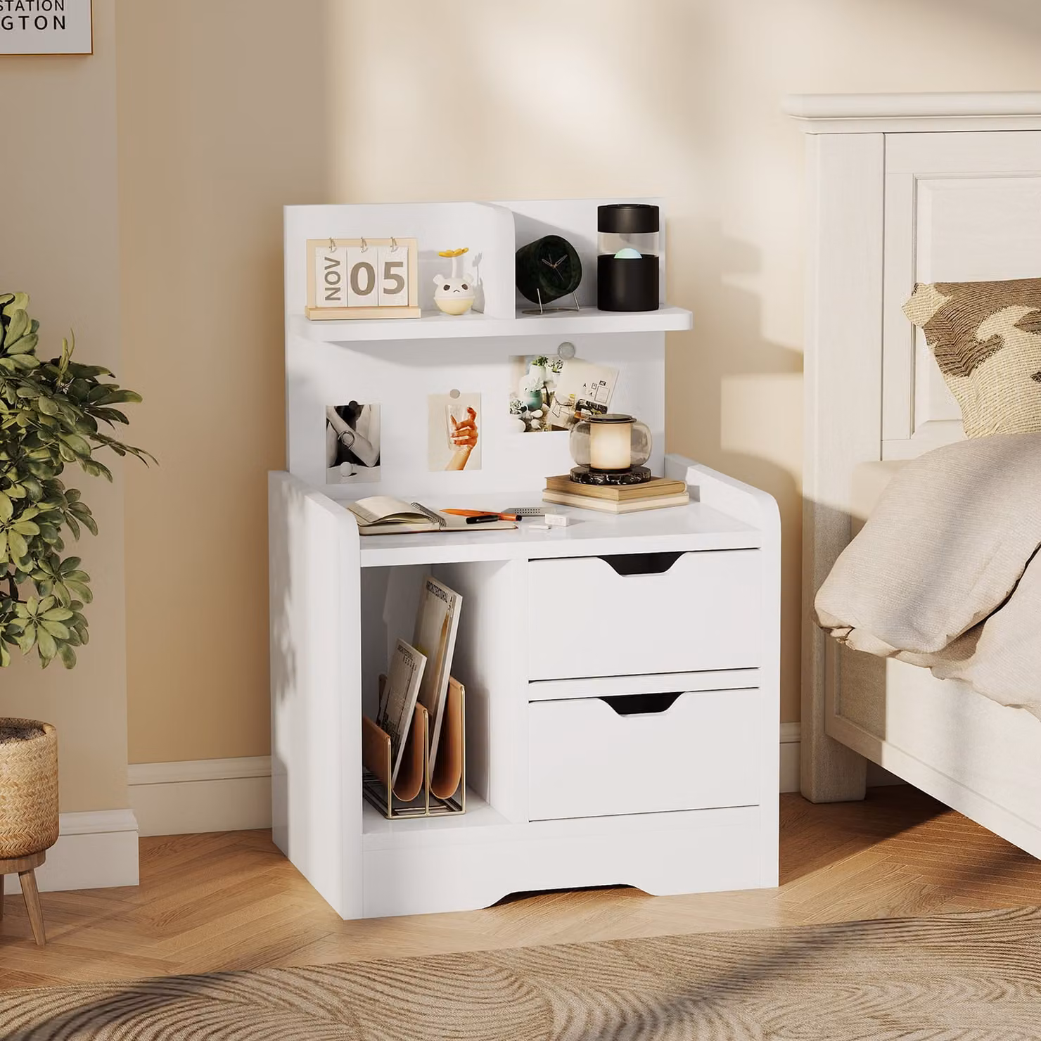 HOMCOM Modern High Gloss White Bedside Table with 2 Drawers and Open Shelves – 2