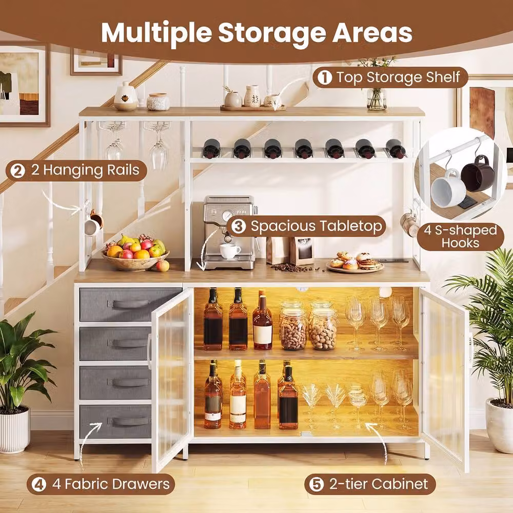 Costway Modern Wine and Coffee Bar Cabinet with Integrated LED Lights and Glass Doors in Sand, Beige or White, H: 137.0 cm, W: 141.0 cm – 5
