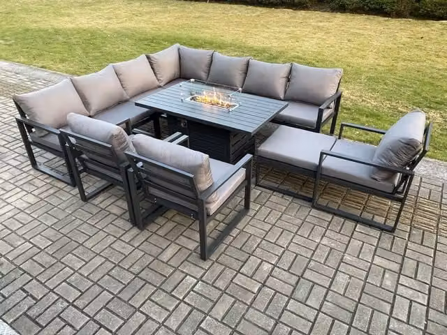 Fimous 11 Seater Aluminium Garden Furniture Set with Gas Fire Pit Dining Table, 3 Chairs and Big Footstool in Dark Grey