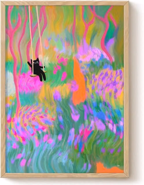 The Paper Tail Swinging Cat Floral Art Print, Multicolour