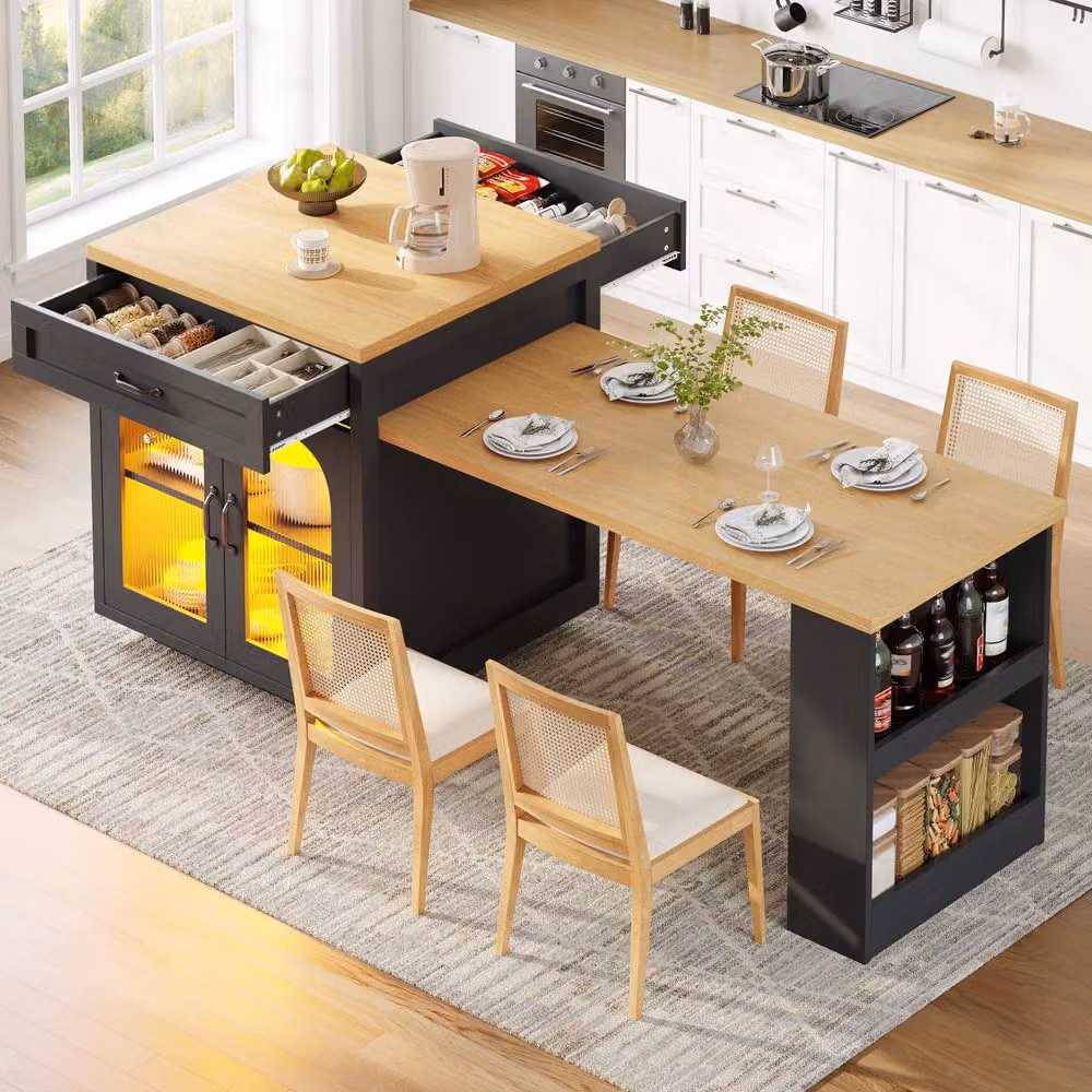 Rolipo Modern Extendable Kitchen Island with LED Lighting and Storage in Black – 5