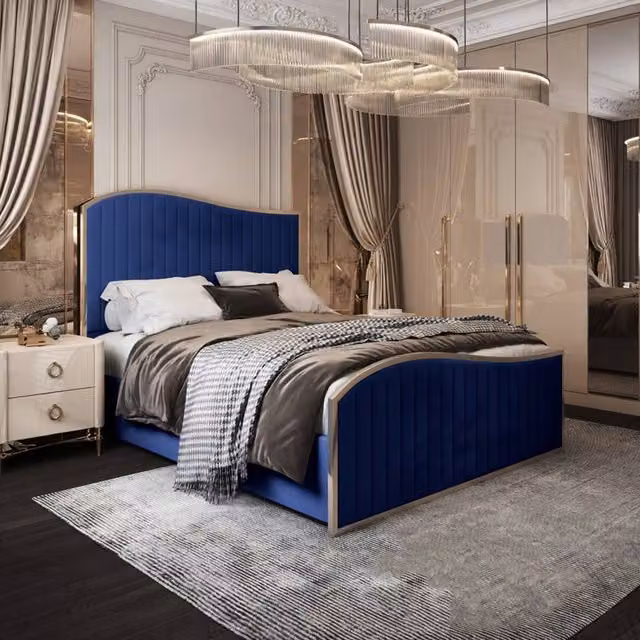 Casani Gainsborough Upholstered Velvet Designer Bed Frame in Blue, W/D/H: 90 x 190 x 137 cm – 1