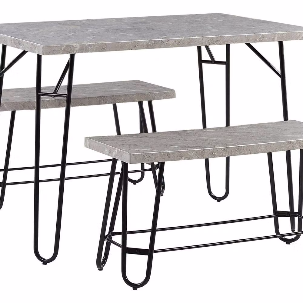 Wyld and Coco 4-Seater Industrial Dining Set with Rectangular Grey and Black Marble Veneer Top and 2 Benches – 2