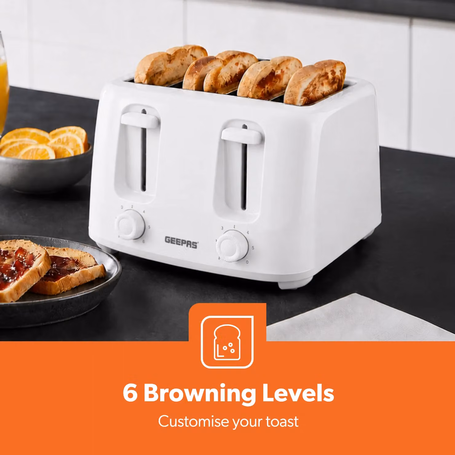 Geepas 1400W 4 Slice Toaster in White with Cable Storage – 3
