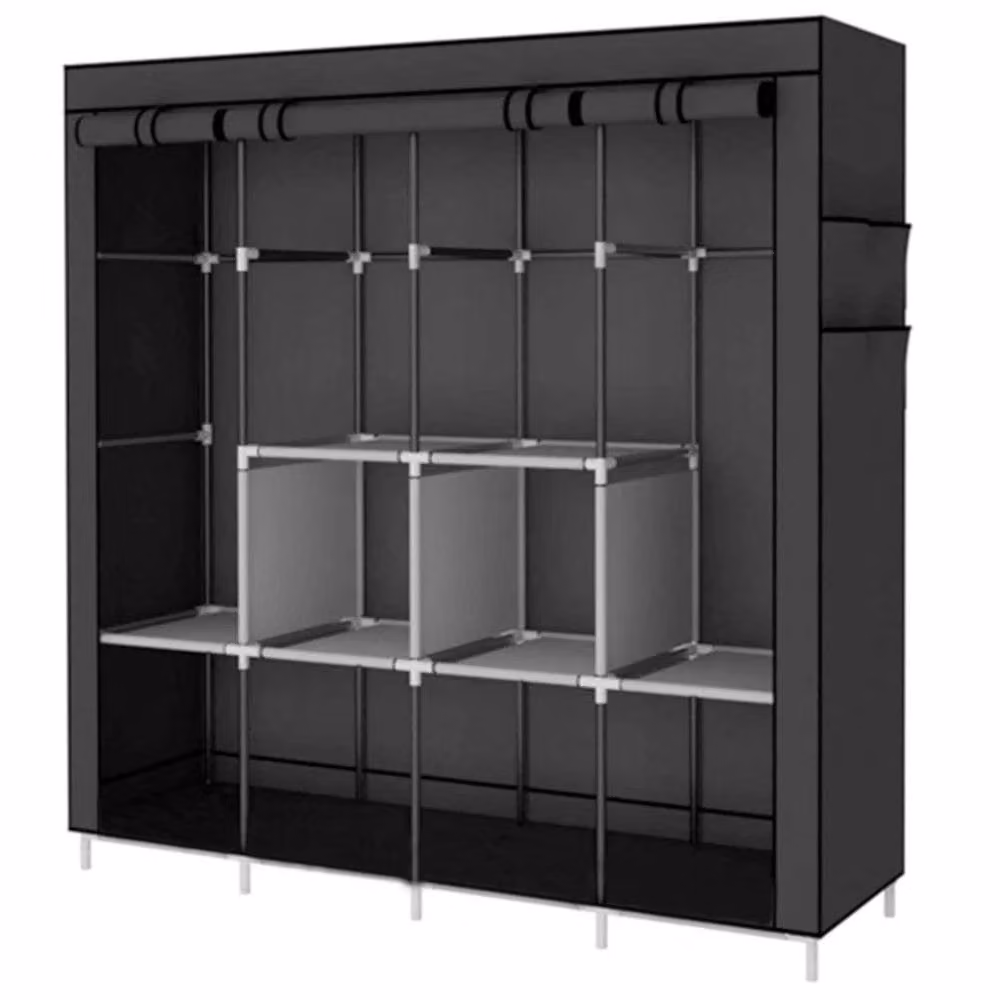 KORVIXA Black Fabric Wardrobe Clothes Storage Organiser with Hanging Rod, W: 90 cm – 5