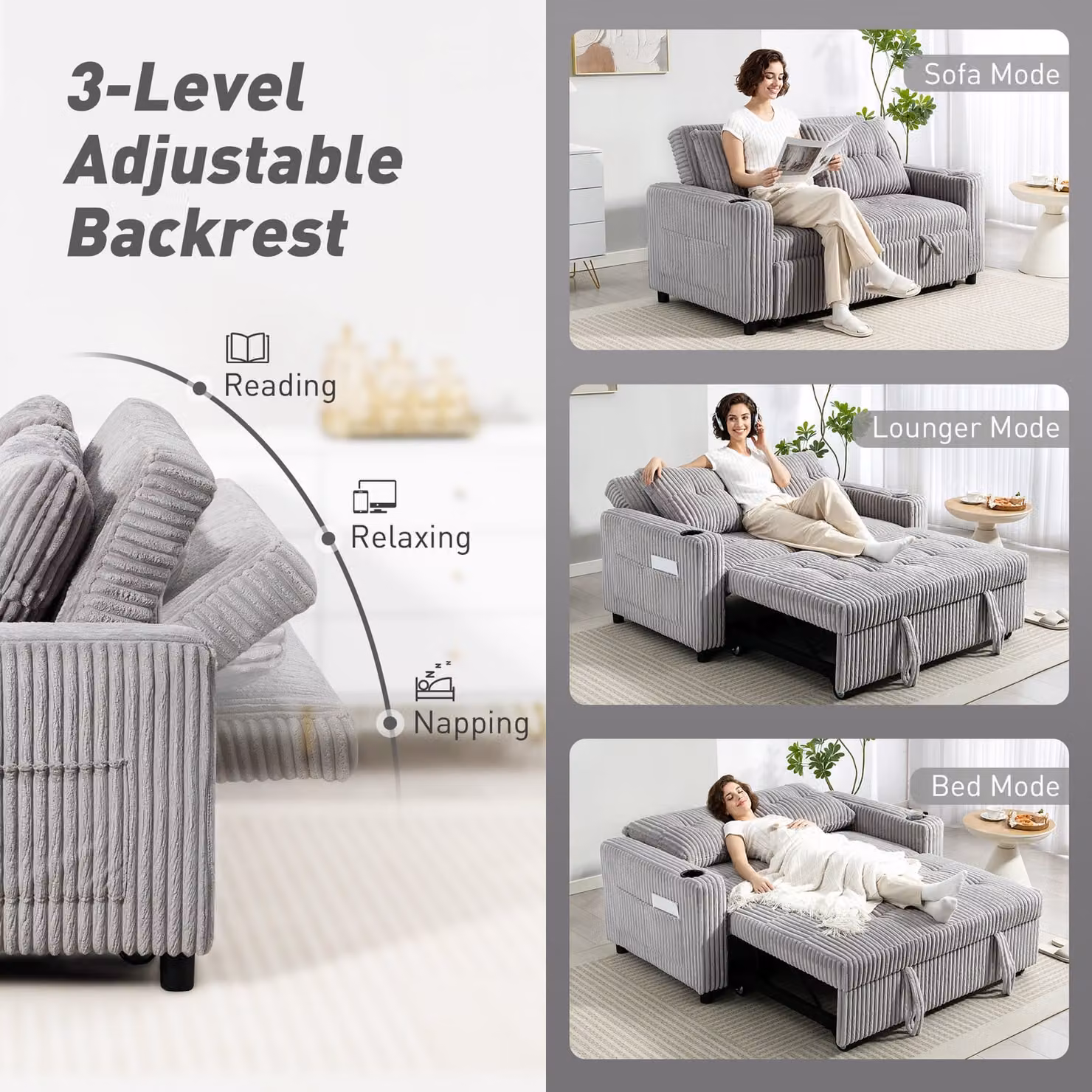 HOMCOM 2 Seater Click Clack Sofa Bed with Pull Out Design in Light Grey Corduroy Upholstery – 3