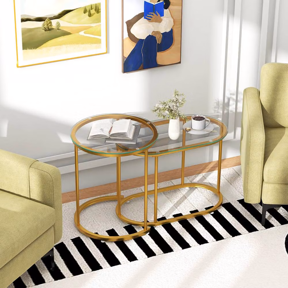 Gymax Nesting Coffee Table Set with Gold Metal Sled Base and Transparent Glass Tabletops – 2
