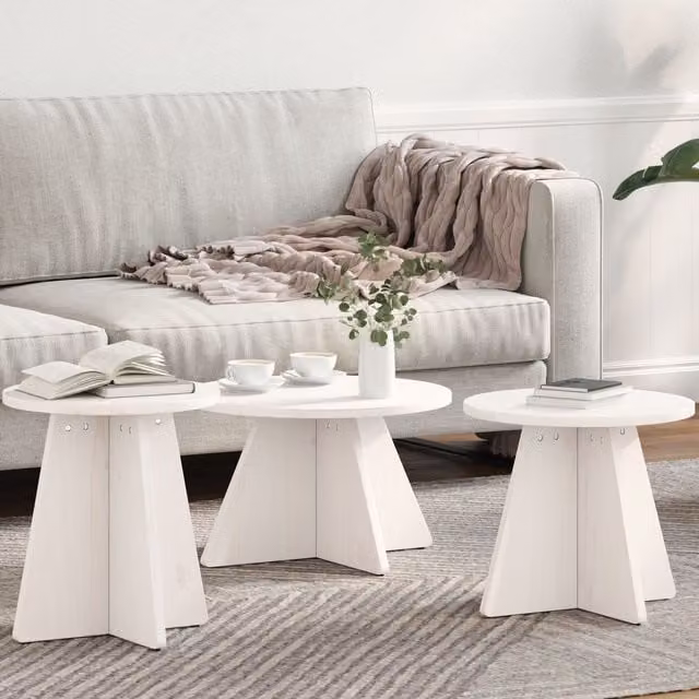 Berkfield Home 3-Piece Round Nested Coffee Table Set in White Solid Pine Wood – 1