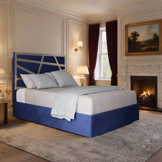 Casani Enborne Blue Velvet Upholstered Metal Designer Bed Frame, Super King, W/D/H: 200 x 127 x 189 cm – 1