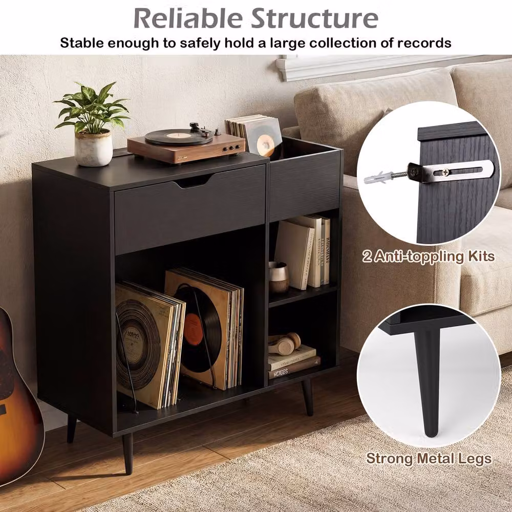Gymax Industrial Turntable Record Player Stand and Vinyl Cabinet with Built-In Power Strip in Black – 4