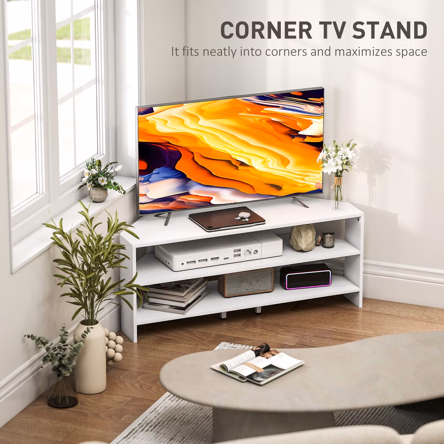 HOMCOM White Corner TV Stand with 2 Open Shelves for up to 47 Inch TVs – 3
