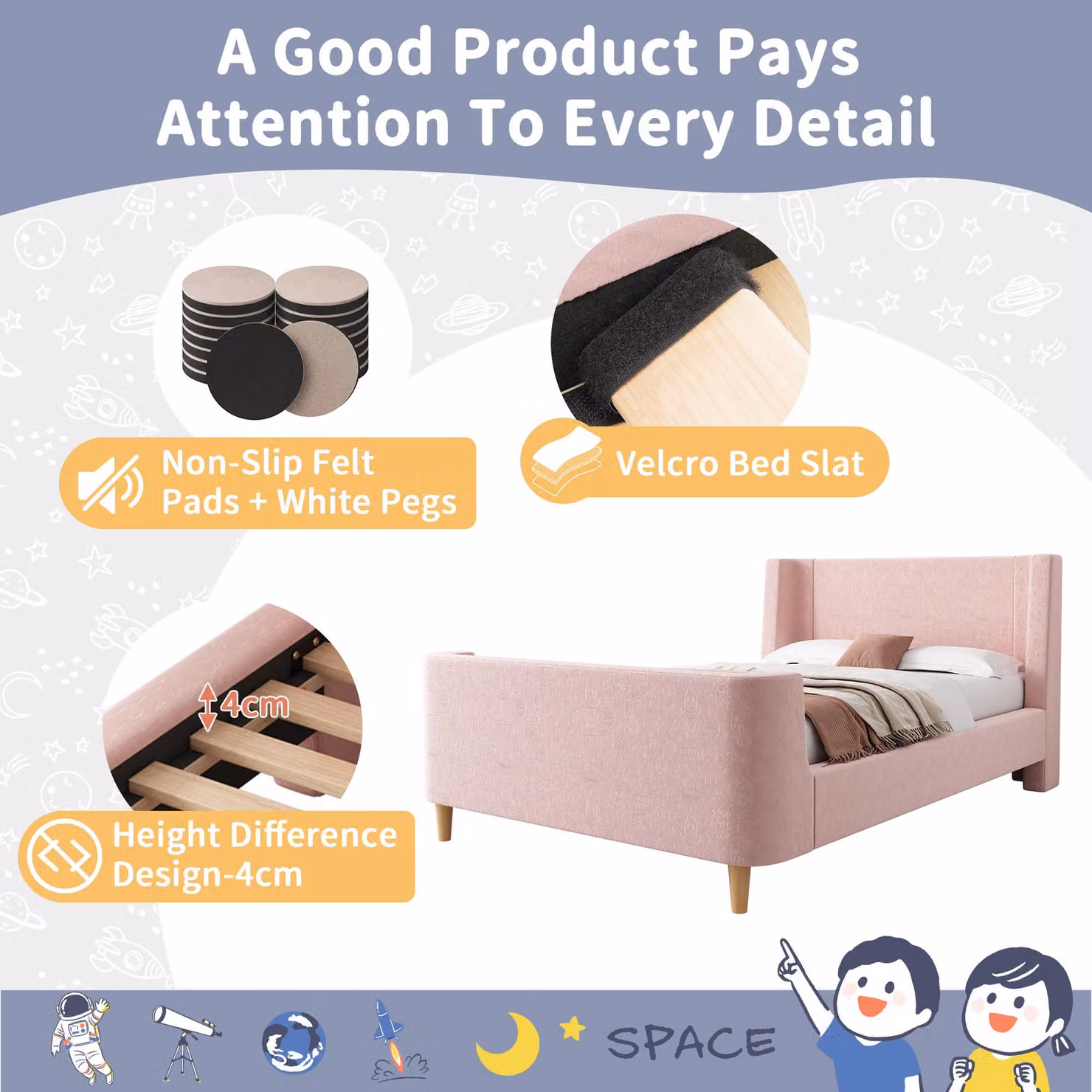 Aosom UK Pink Velvet Upholstered Single Bed Frame with Cosmic Print and Padded Headboard, L: 206 cm, W: 99 cm, H: 76 cm – 4