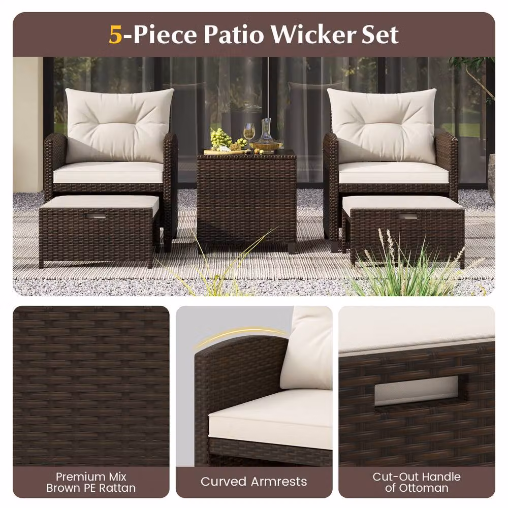 Gymax 5 Piece Brown Polyrattan Patio Furniture Set with Upholstered Cushions, Coffee Table and Ottoman – 4