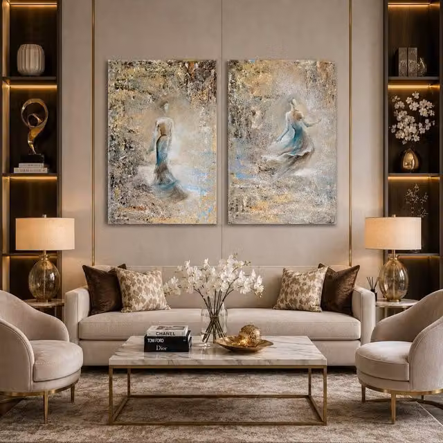 Mafett Abstract Dancing Figures Canvas Wall Art Print Set of 2 in Gold, Blue and Silver, W: 61 cm x H: 81.3 cm – 1