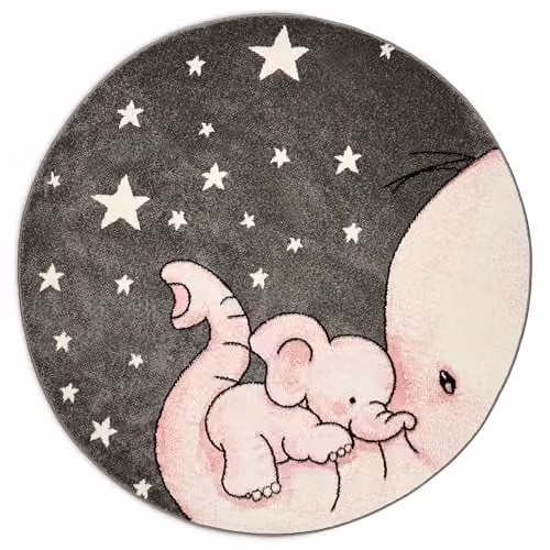 Bravich Pink Baby Elephant Kids Rug, Diameter: 160 cm, Soft Anti-Allergic Round Play Mat for Bedroom and Nursery – 1