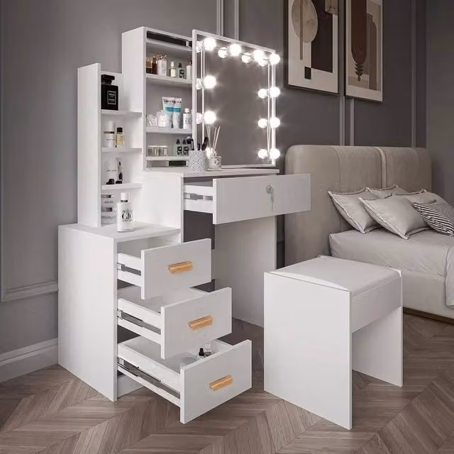 FORGEVIO Modern White Dressing Table Set with Hollywood LED Mirror and Stool – 1