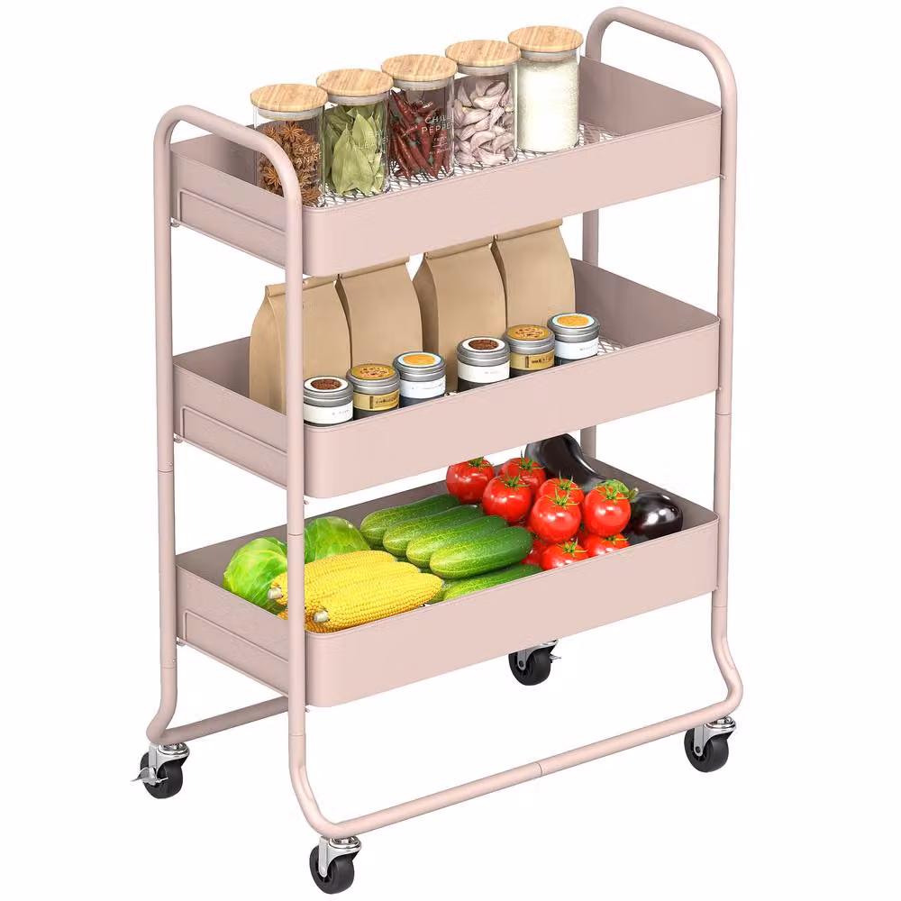 HOMCOM 3-Tier Metal Storage Trolley with Mesh Baskets on Wheels, Pink – 2