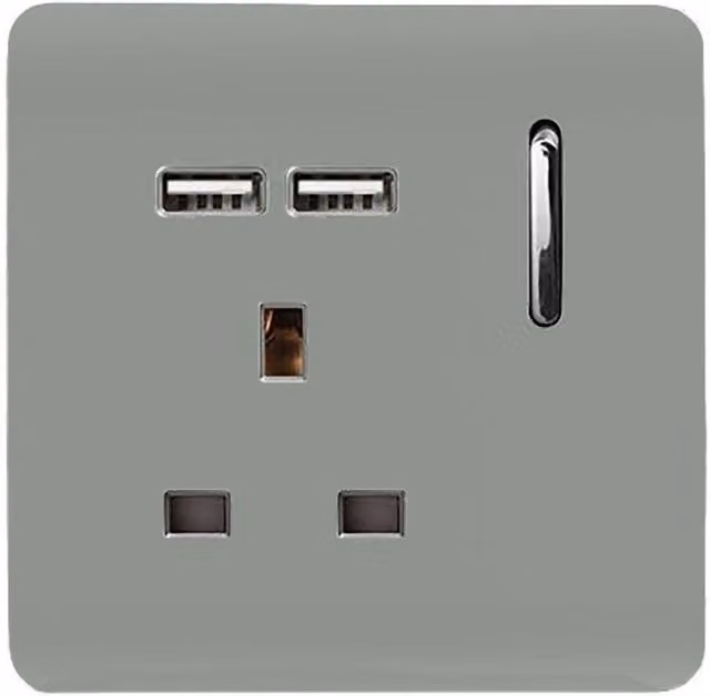 Trendi 1 Gang 13 Amp USB Switched Flush Socket with 2x2.1mA Ports in Silver Grey
