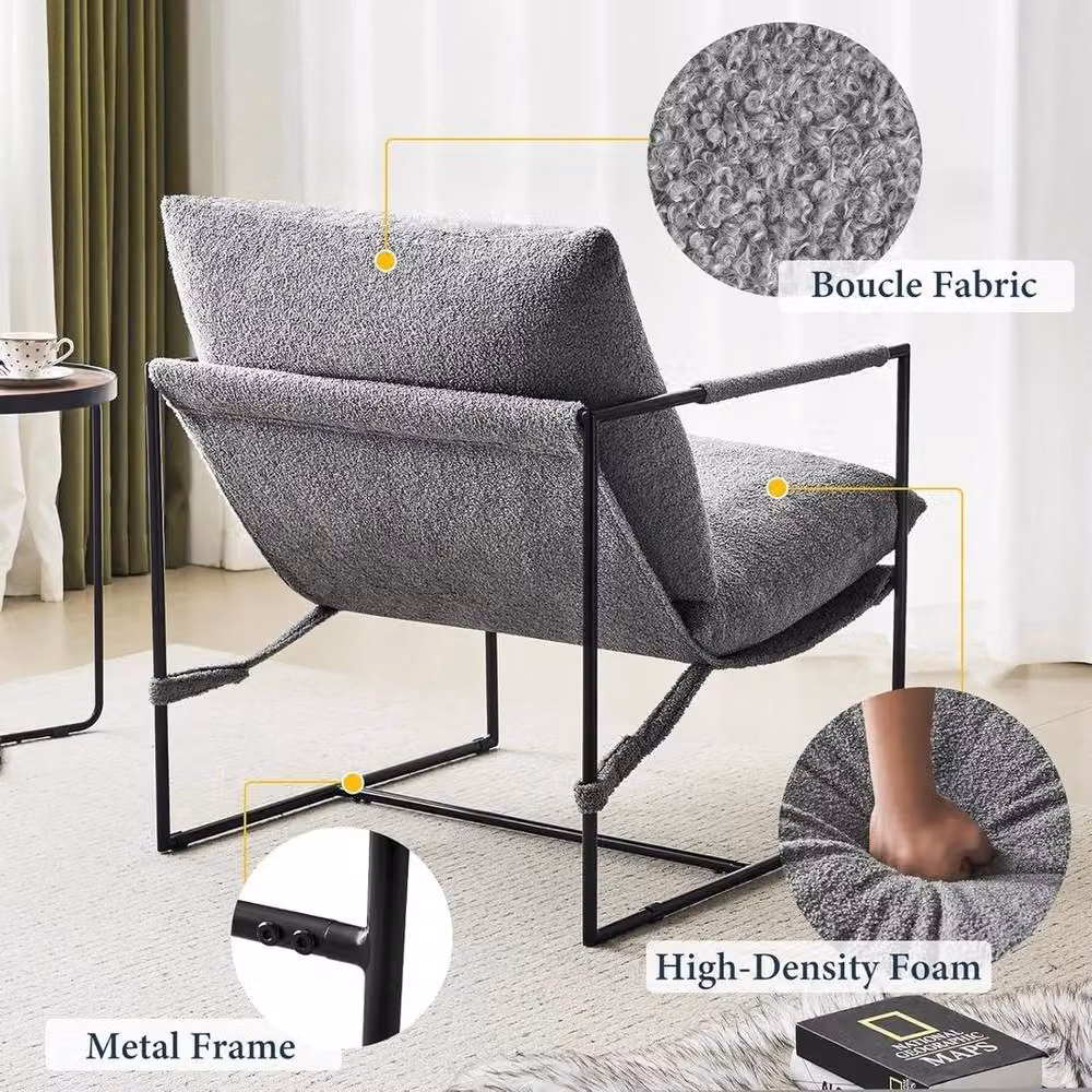 KORVIXA Modern Lounge Armchair in Grey Bouclé Fabric with Metal Frame – 3