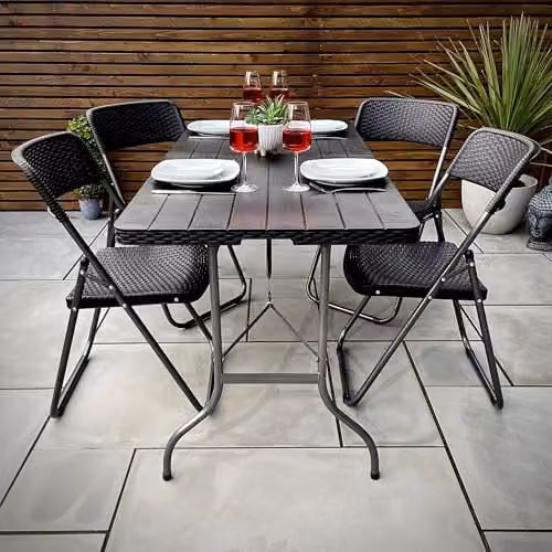 Garden Gear Folding 5ft Rectangular Table and 4 Chairs Set in Black or Grey Rattan and Wood Effect Plastic with Powder Coated Steel Frame