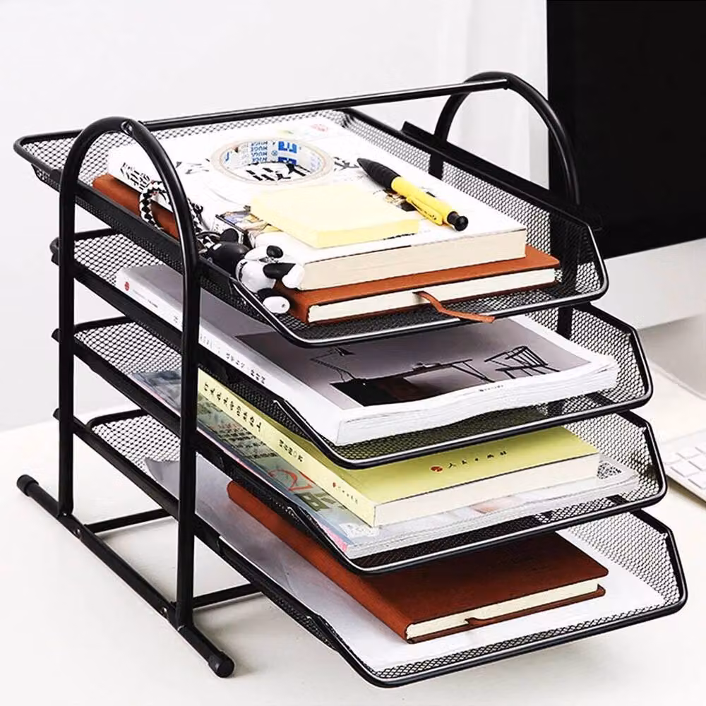 EONLION 4-Tier Metal Wire Mesh Filing Tray Holder for A4 Documents, Black, Width: 20 cm – 4