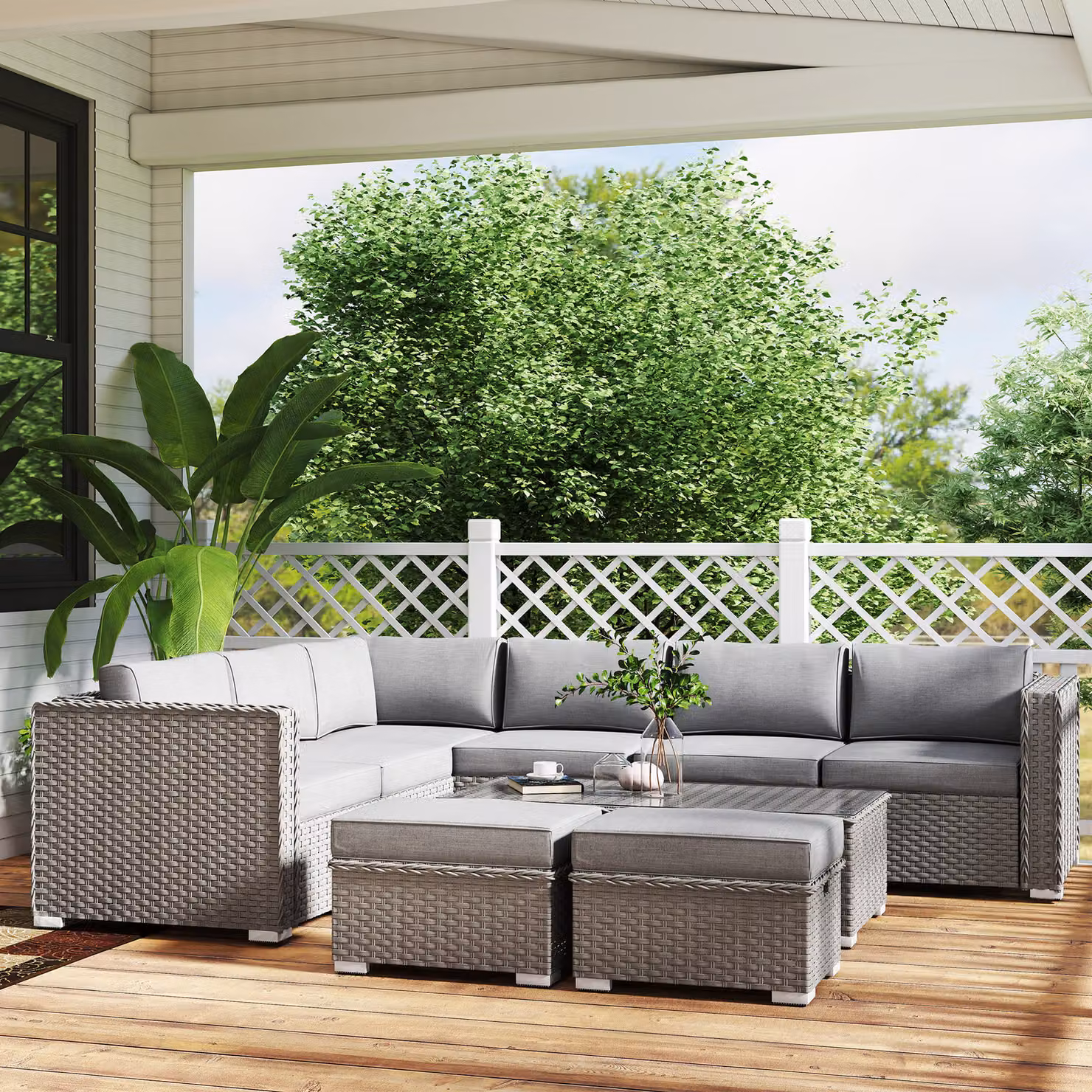 Outsunny 8-Seater Grey PE Rattan L-Shape Garden Corner Sofa Set with Coffee Table and Matching Ottoman – 5