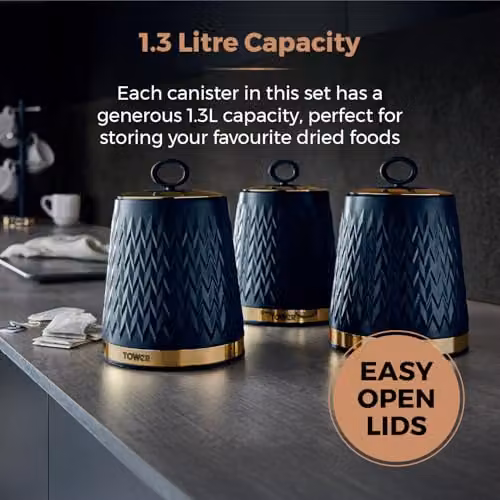 Tower Empire Airtight Kitchen Storage Canister Set of 3, Blue and Bronze Geometric Design – 5