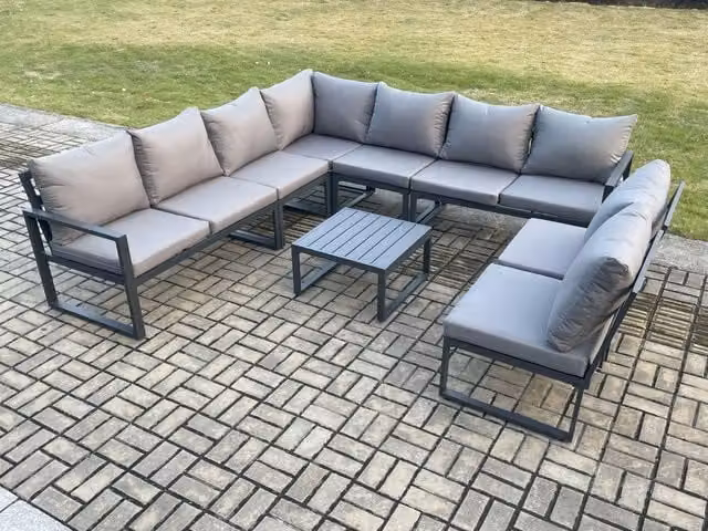 Fimous 9 Seater L-Shape Outdoor Garden Furniture Set with Powder Coated Aluminium Corner Sofa, Square Coffee Table and Matching Ottoman in Dark Grey