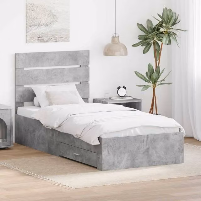 Berkfield Home Modern Bed Frame with Drawers in Concrete Grey and Silver, Engineered Wood, W: 70 cm x L: 190 cm – 1