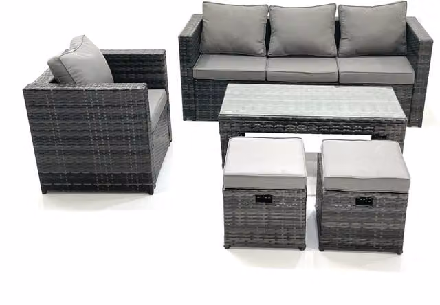 Fimous Rattan Garden Furniture Set in Dark Grey with Sofa, Armchair, Coffee Table and Two Footstools – 1