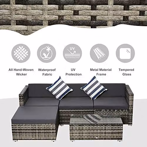 Outsunny 5 Piece L-Shape Polyrattan Garden Furniture Set with Cushions in Grey – 3