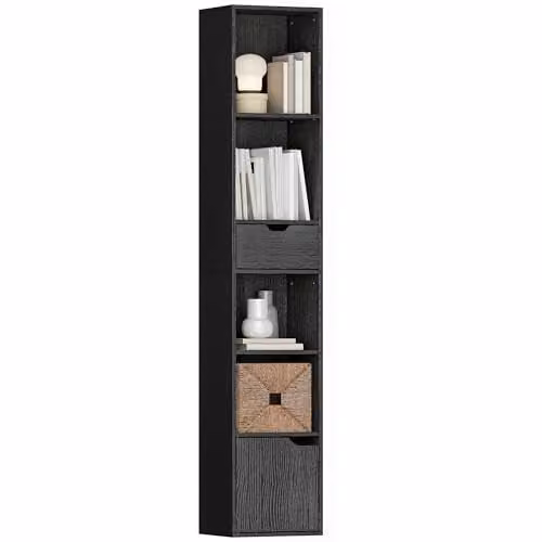 HOMCOM 6-Tier Slim Black Bookcase with Drawer, W/D/H: 30 x 24 x 158 cm – 1