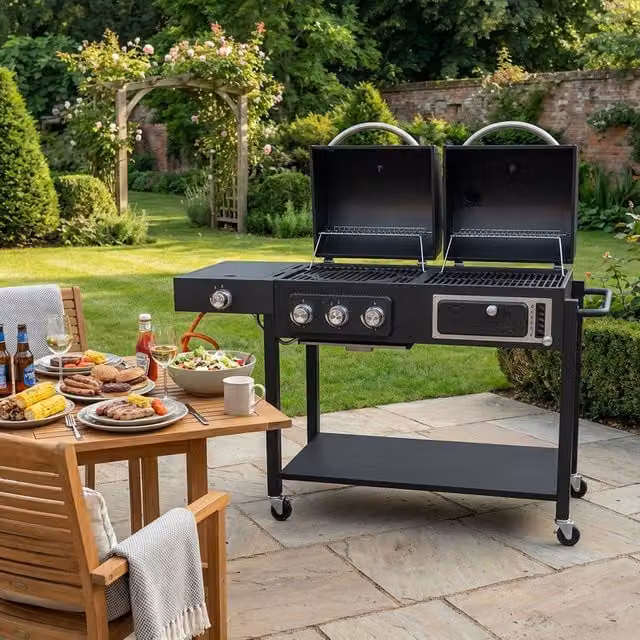 Columbus Dual Fuel Gas BBQ with Side Burner and Wheels in Black
