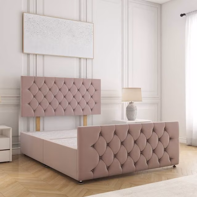 BSSPOKE Maya Plush Velvet Single Divan Bed with 24 inch Headboard in Pink, W/D/H: 90 x 190 x 30.48 cm