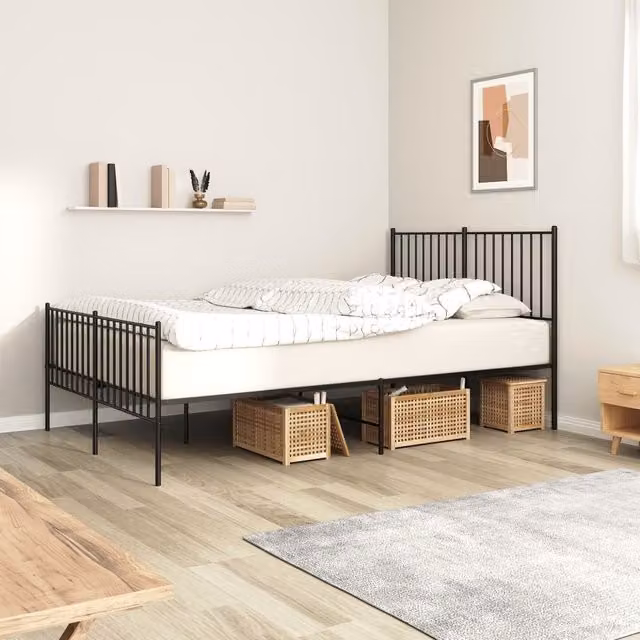 Berkfield Home Metal Bed Frame with Headboard and Footboard in Black, W/D/H: 140 x 190 cm