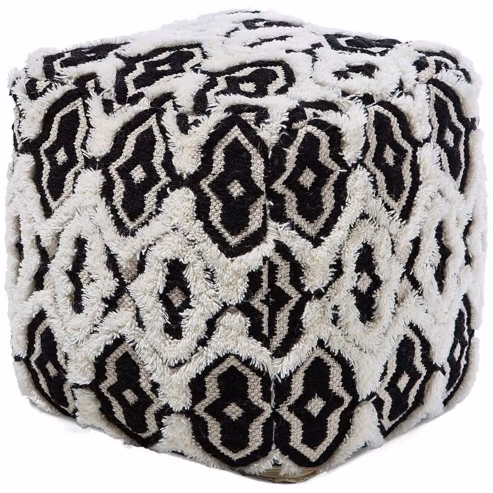 Wyld and Coco Boho Geometric Wool and Cotton Pouffe, Black and White, W/D/H: 45 x 45 x 45 cm – 2