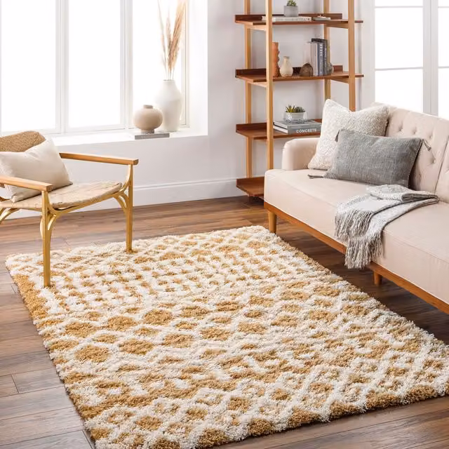 Livabliss Urban Geometric Shag Rug in Camel, Beige, Blue, Pink and Grey, W: 160 cm, D: 220 cm