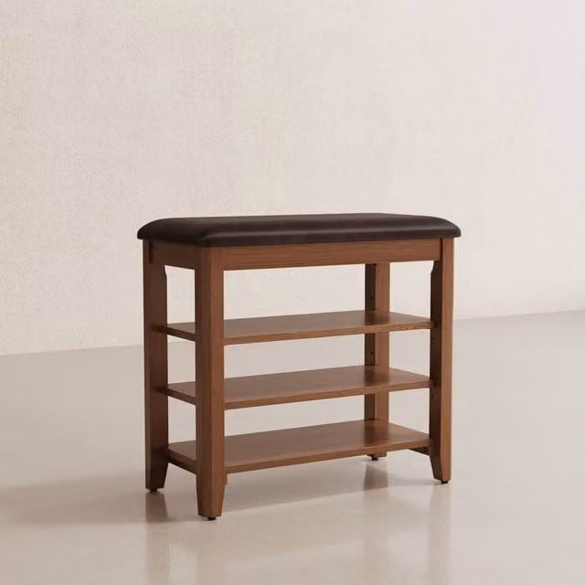 YQJJGL 3-Tier Solid Wood Shoe Bench with Synthetic Leather Cushioned Seat in Brown, W: 60 cm, D: 36 cm, H: 65 cm – 1