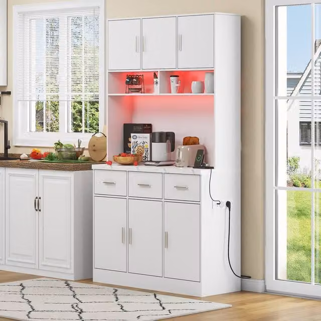 Merax Modern White Tall Kitchen Pantry Cabinet with LED Lighting and Internal Shelves, H 180 x W 100 x D 40 cm